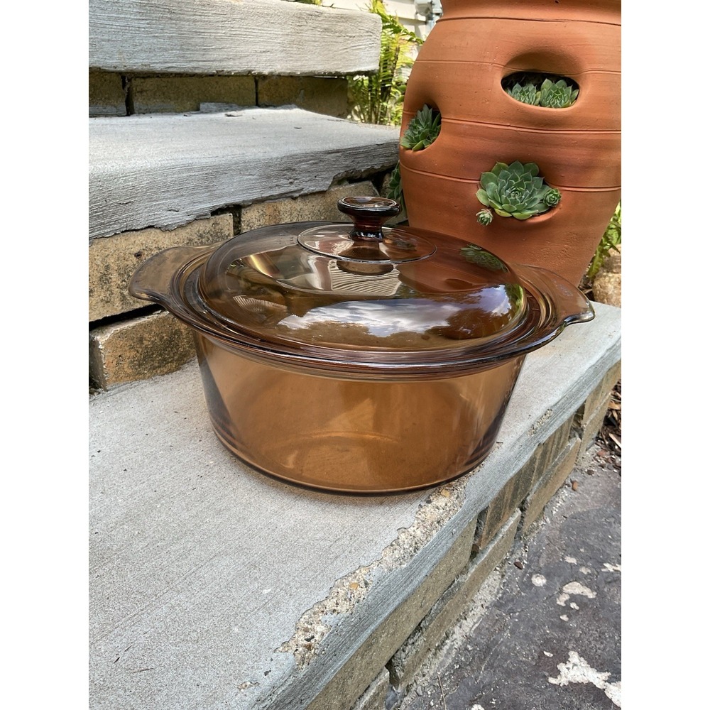 Vintage Corning Visions Amber 5L Glass Dutch Oven Stock Pot w/ Lid USA Pyrex